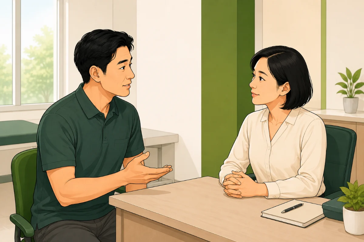 Illustration of a doctor listening to a patient during a consultation.