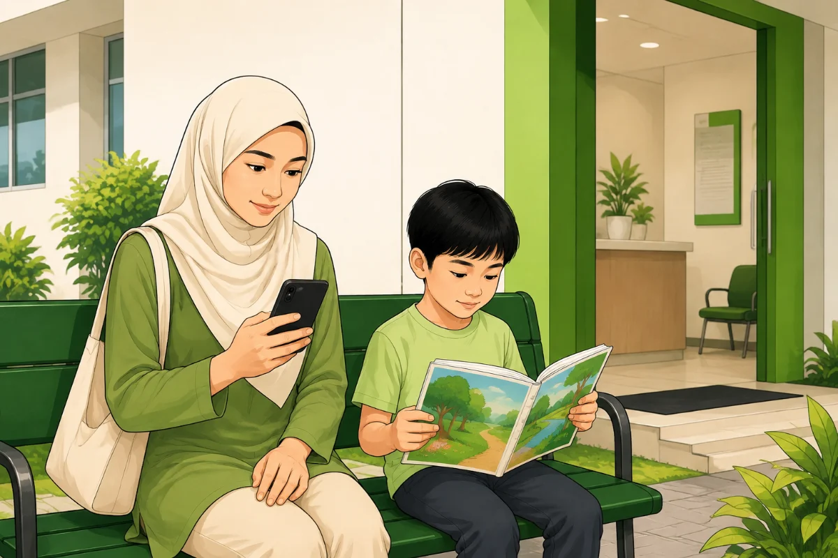 Illustration of a parent checking a phone beside a child reading on a bench near a clinic.