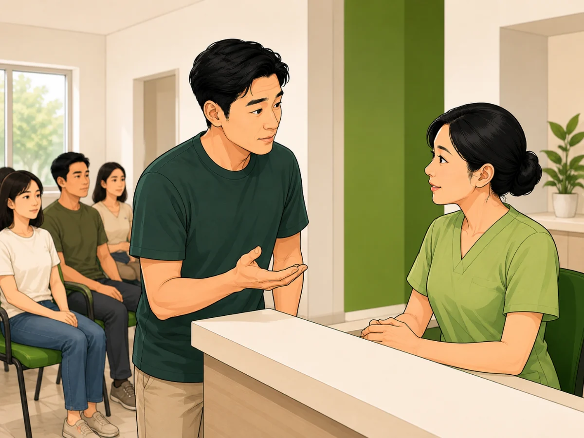 Illustration of a patient asking an attentive nurse about their turn while others wait nearby.