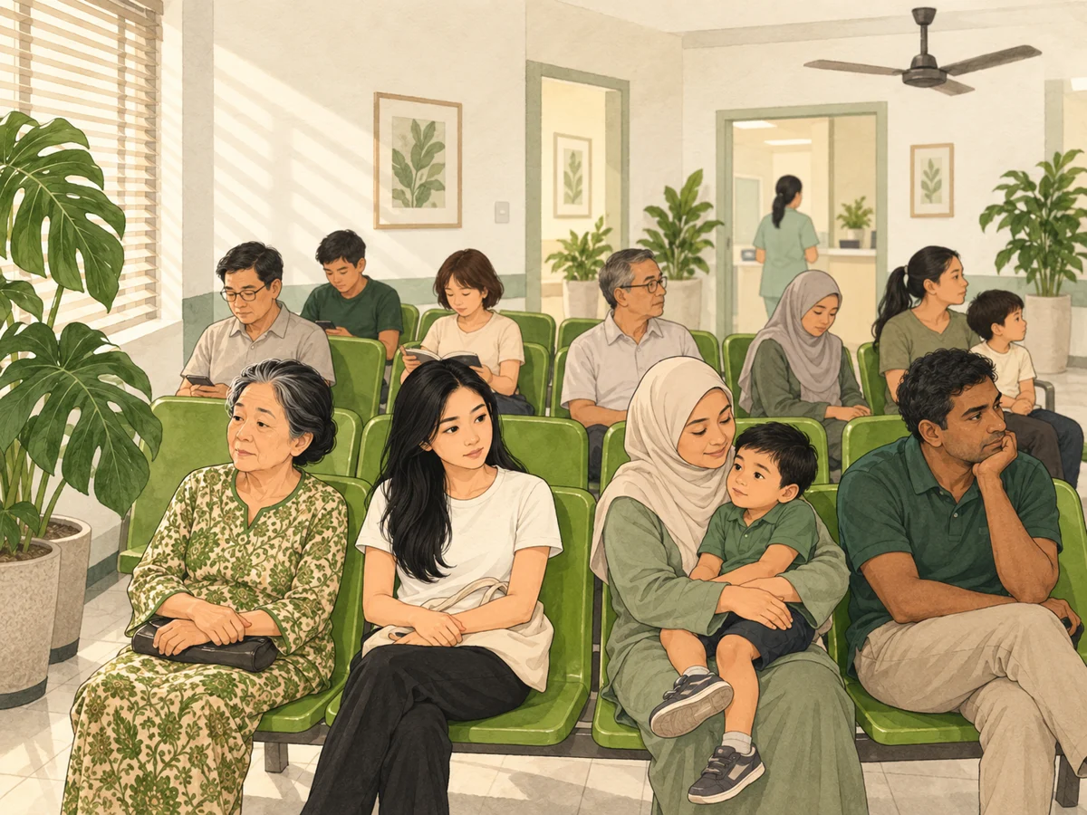 An illustrated Malaysian clinic waiting room with patients of different ages seated on green chairs.