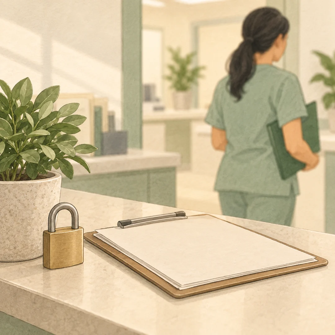 An illustrated padlock and clipboard on a clinic counter, with a nurse walking away holding a folder.