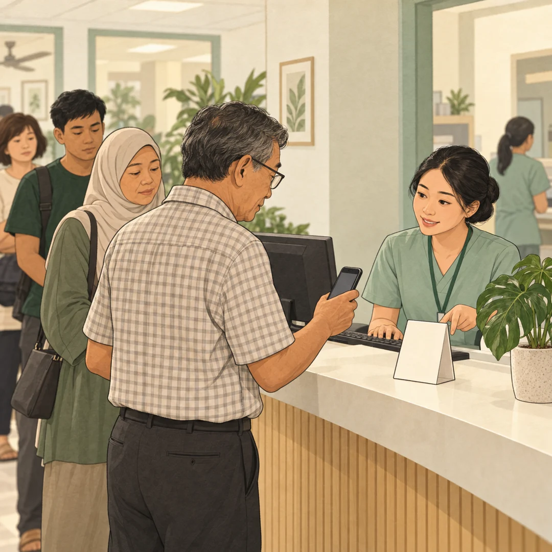 An illustrated patient scanning a table tent at a clinic registration counter while the nurse keeps typing.