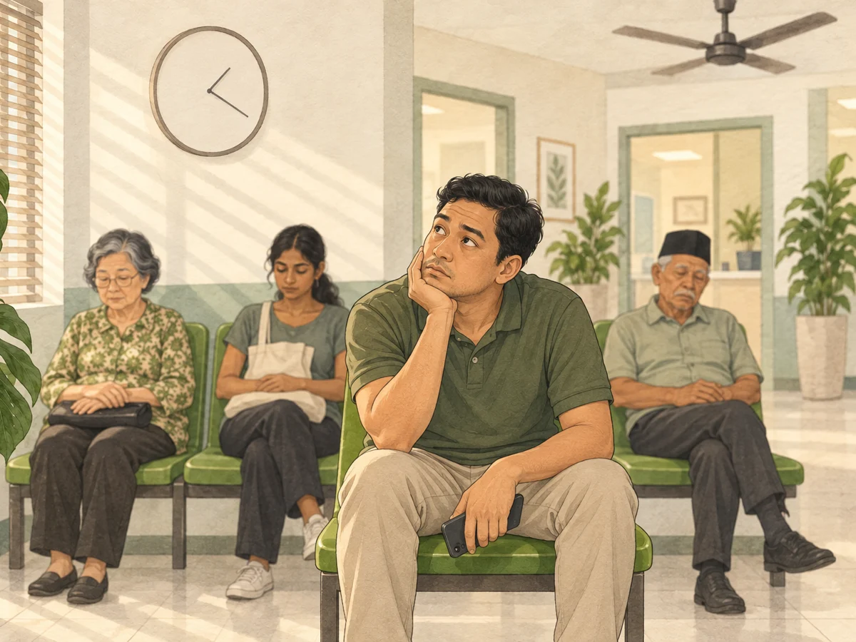Illustration of a man in a Malaysian clinic waiting room, phone in hand, looking up at the wall clock.