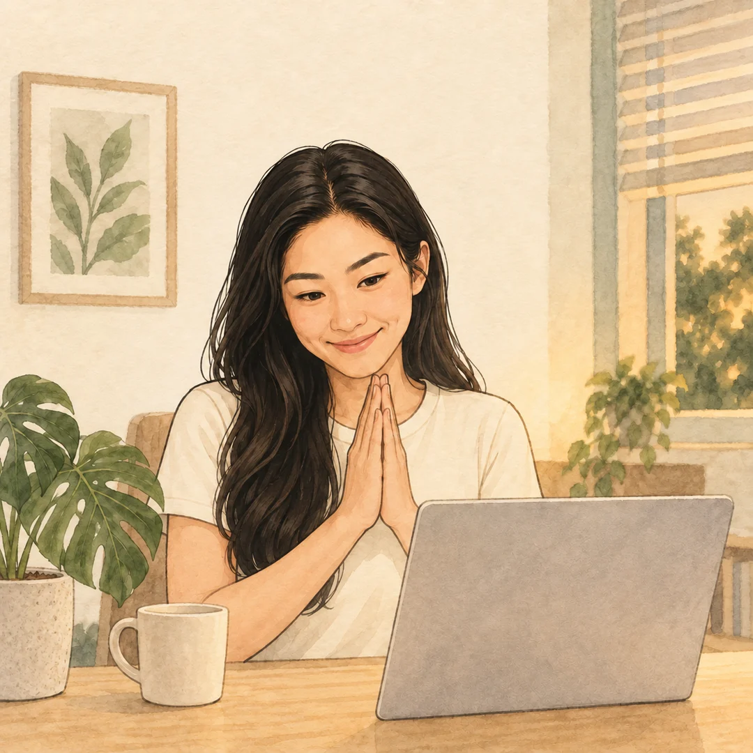 Illustration of the QueueIn founder at her desk, palms pressed together in thanks in front of her laptop.