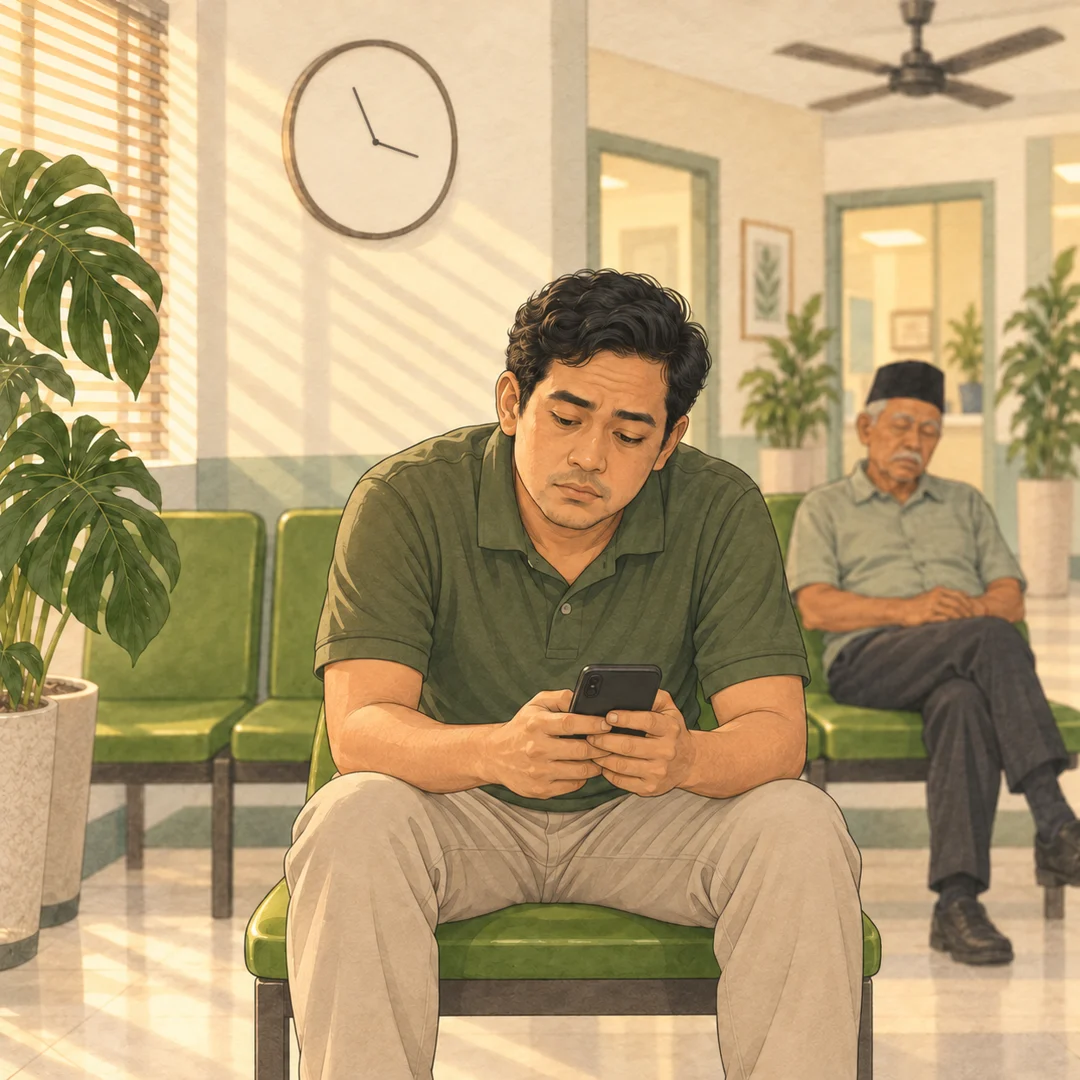 Illustration of a man in a clinic waiting room looking down at the phone in his hands as the afternoon light fades.