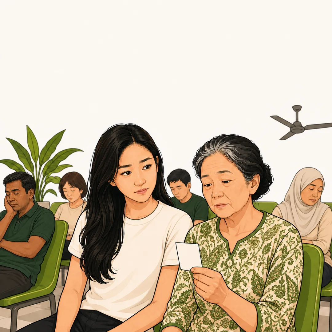 Illustration of a Malaysian clinic waiting room; a young woman sits beside her elderly mother, who holds a small paper queue ticket.