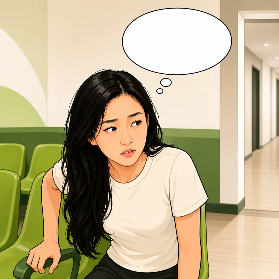 Illustration of a woman hesitating to leave her clinic waiting room seat, afraid of losing her place in the queue