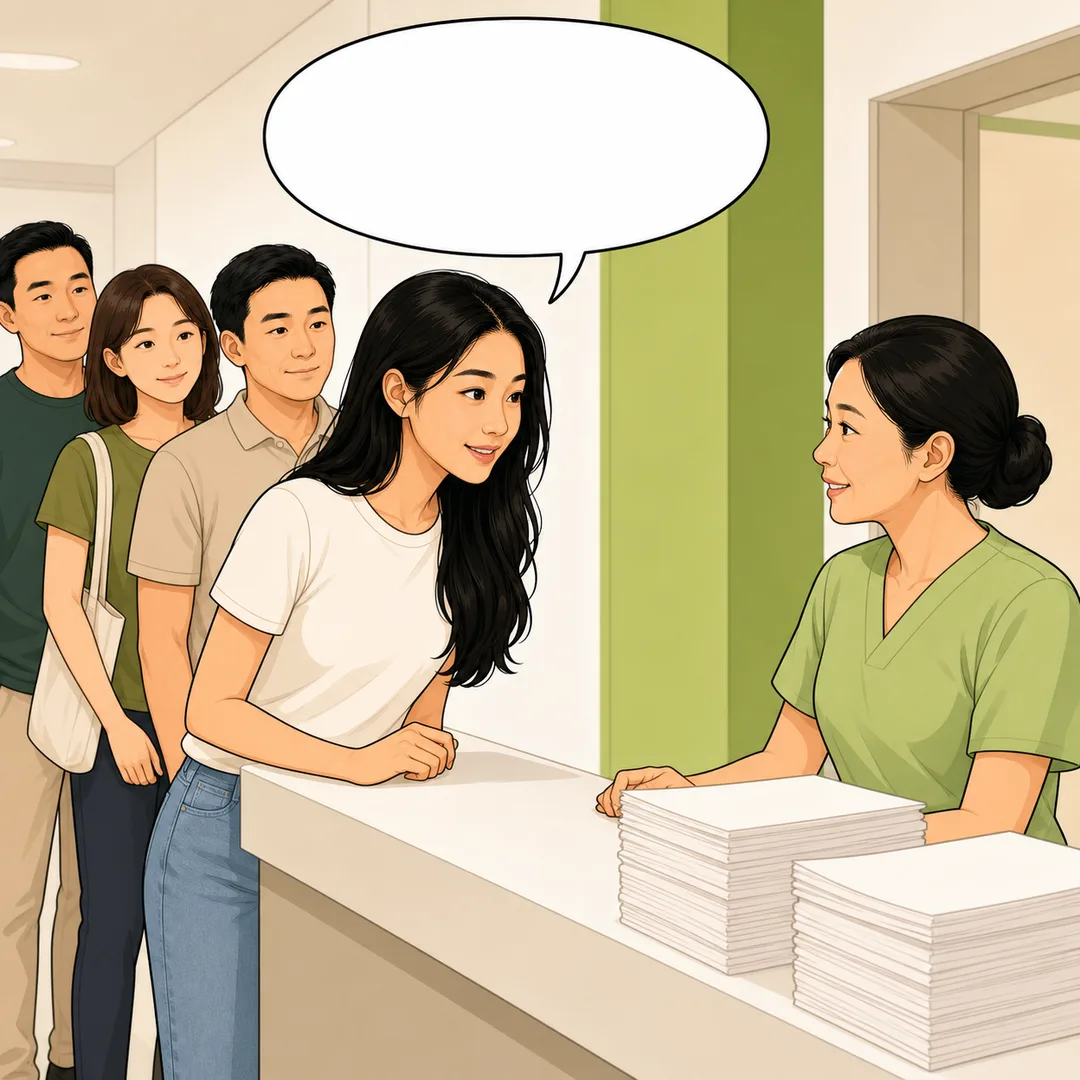 Illustration of a young woman asking a nurse at the clinic counter while other patients wait behind her