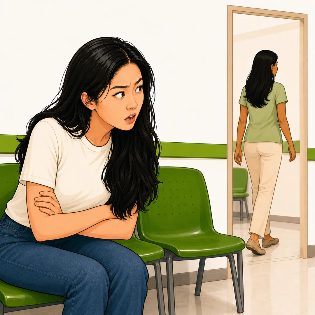 Illustration of a woman watching in disbelief as another patient is called into the consultation room before her