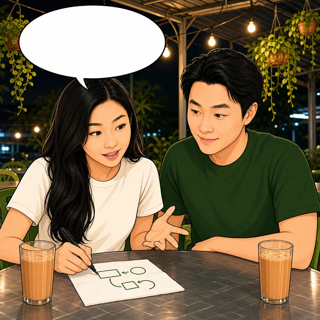 Illustration of a young woman sketching a queue flow on a napkin at a night mamak table, teh tarik beside her, while her partner looks on