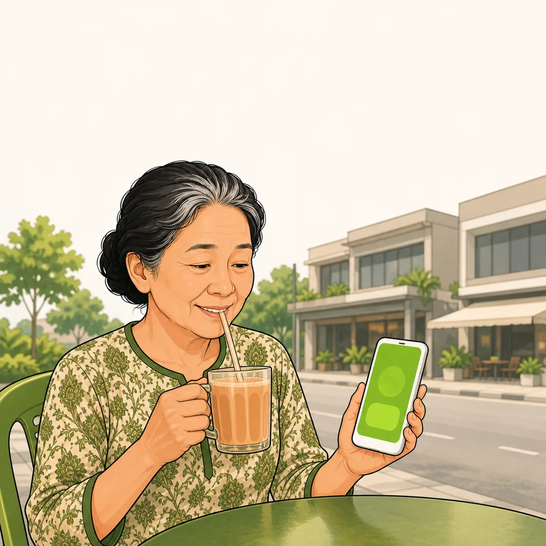 Illustration of an elderly mother relaxing at an outdoor mamak table with teh tarik, checking her queue position on a phone