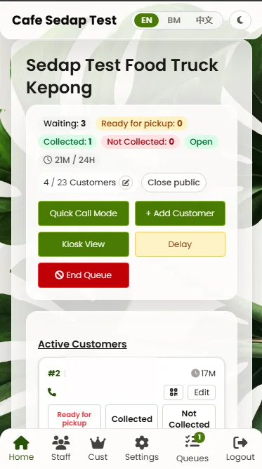Cafe staff dashboard with Ready for pickup, Collected, and Not Collected queue controls