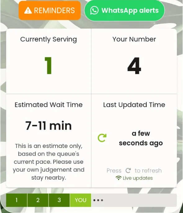 Cafe waiting page showing the order currently being served, customer number, and estimated wait