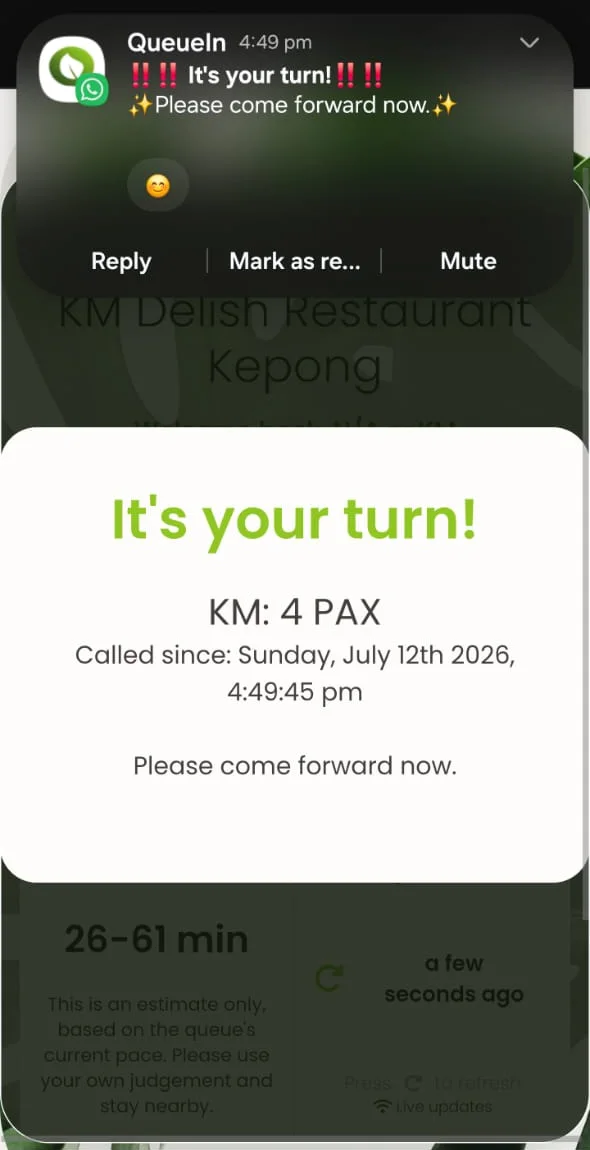 QueueIn guest page and WhatsApp notification saying it is the party's turn