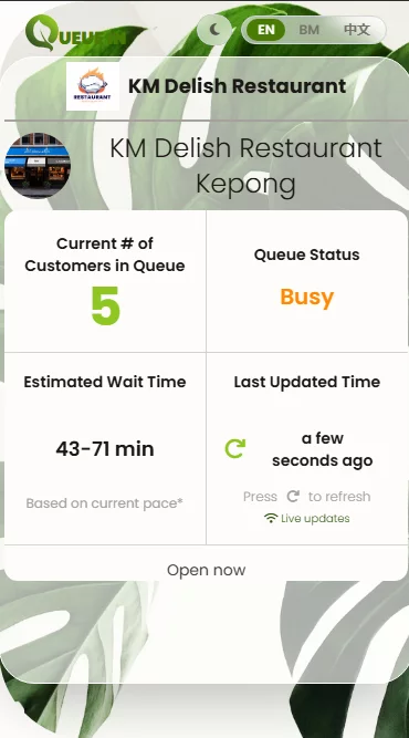Restaurant queue page showing the current number of waiting guests, queue status, and estimated wait