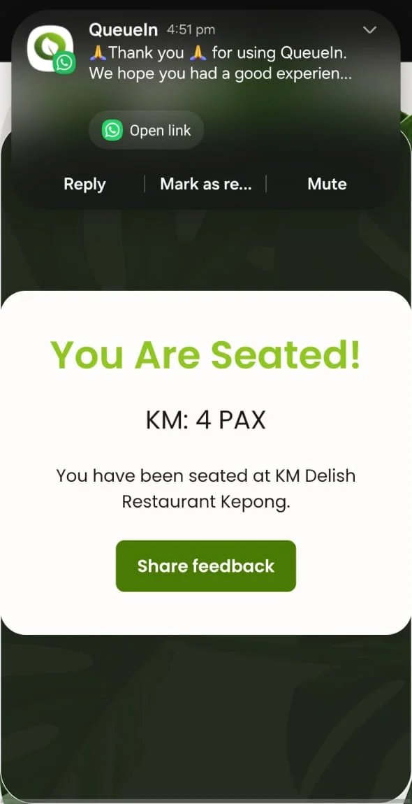 QueueIn seated confirmation with a WhatsApp thank-you notification