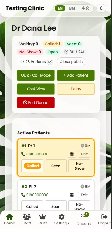 Clinic staff queue dashboard on a phone with called, seen, and no-show controls