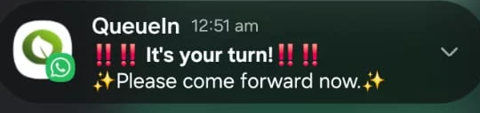 WhatsApp notification telling a patient it is their turn at the clinic